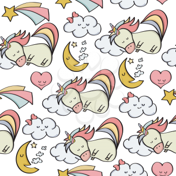 Doodle seamless pattern with unicorns and other fantasy magical elements. Vector