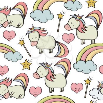 Doodle seamless pattern with unicorns and other fantasy magical elements. Vector