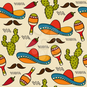 Doodle seamless pattern with mexico symbols, vector format