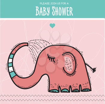 baby shower card template with funny doodle elephant, vector format
