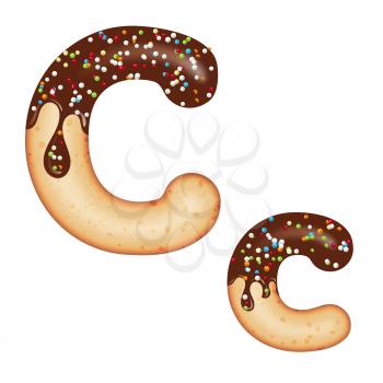 Tempting typography. Font design. Icing letter. Sweet 3D donut  letter C glazed with chocolate cream and candy. Vector