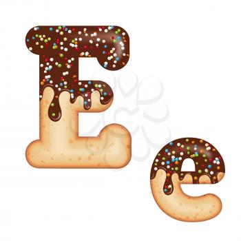 Tempting typography. Font design. Icing letter. Sweet 3D donut  letter E glazed with chocolate cream and candy. Vector