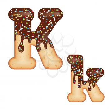 Tempting typography. Font design. Icing letter. Sweet 3D donut  letter K glazed with chocolate cream and candy. Vector