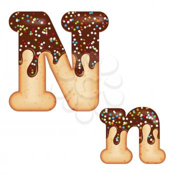 Tempting typography. Font design. Icing letter. Sweet 3D donut  letter N glazed with chocolate cream and candy. Vector