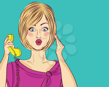 Surprised blonde pop art woman chatting on retro phone. Comic woman . Pin up girl. Vector illustration