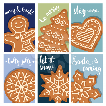 Christmas card collection with gingerbread. Labels. Stickers. Flat design
