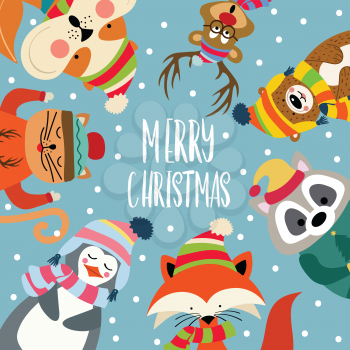 Christmas card with cute dressed animals and wishes. Flat design. Vector