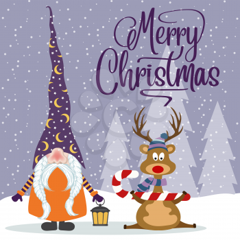 Flat design Christmas card with happy gnome and reindeer. Christmas poster. Vector