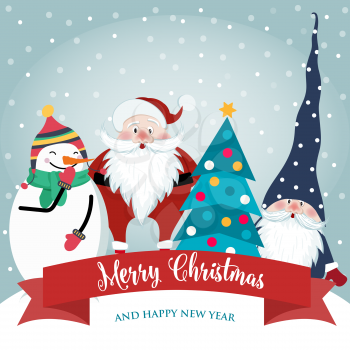 Christmas card with cute Santa, gnome and snowman. Flat design. Vector