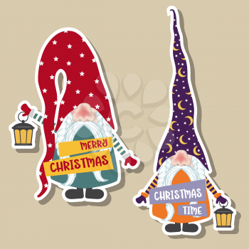 Christmas stickers collection with cute gnomes. Flat design