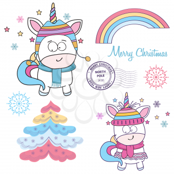 Magical Christmas unicorns collection on white background