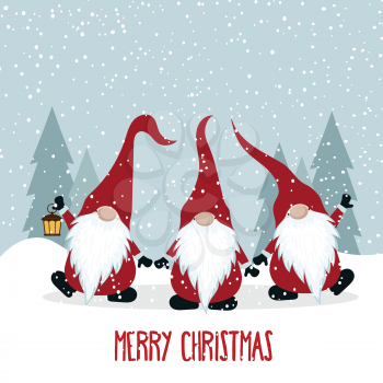Christmas card with gnomes. Flat design. Scandinavian Christmas