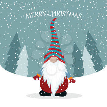 Christmas card with cute gnome. Flat design. Scandinavian Christmas