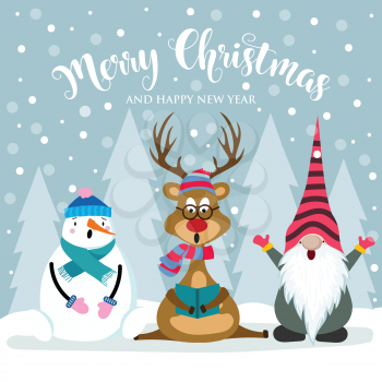 Christmas card with cute snowman, reinder and gnome. Flat design. Vector