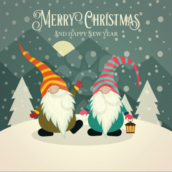 Beautiful retro Christmas card with gnomes. Flat design. Vector