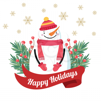 Christmas card with snowman and tree branches. Christmas background