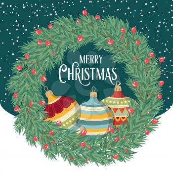 Christmas card with wreath and balls. Christmas background. Flat design. Vector