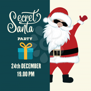 Secret Santa party invitation. Flat design.