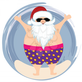 Santa at beach. Christmas card. Flat design.