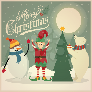 Retro Christmas card with polar bear, elf and snowman that adorns  the Christmas tree. Flat design. Vector