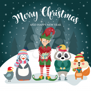 Christmas card with elf and wild animals. Flat design. Vector