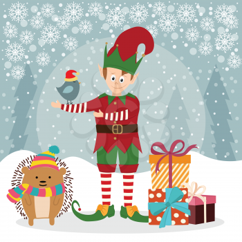 Christmas card with elf and hedgehog. Christmas poster. Vector