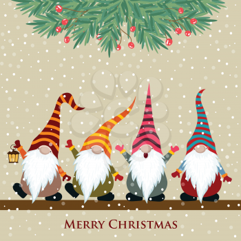 Christmas card with gnomes, Flat design. Vector