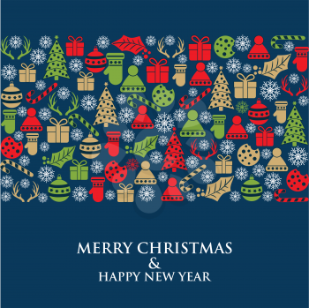 Christmas card with small symbols. Flat design.