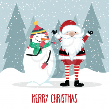 Santa and snowman . Christmas poster. Vector