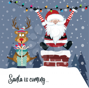 Christmas card with Santa and reindeer. Flat design.