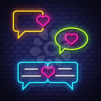 Love talk bubble neon signs collection. Love chat balloons signs. Neon signs. Vector