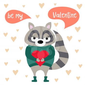 Valentine's day card with raccoon, Flat design