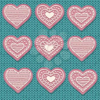 Pink  heart cookies isolated on knitted  background. Love background. Vector.