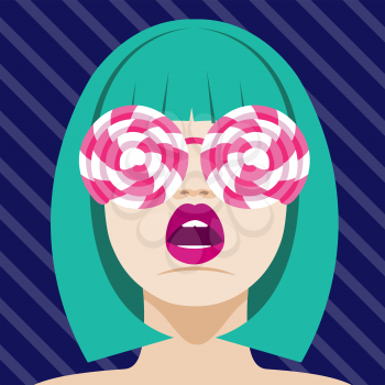 Fashion woman with lollipops sunglasses . Art portrait.  Flat design. Vector.