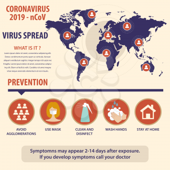 Infographic elements  of the new coronavirus. Covid-19 spread map and prevention. Vector