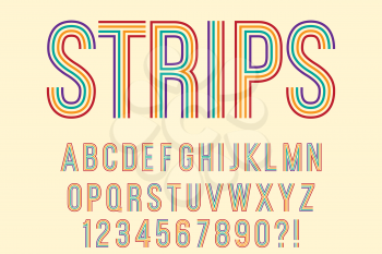 Modern with strips Alphabet Letters, Numbers and Symbols. Funny Typography . Vector