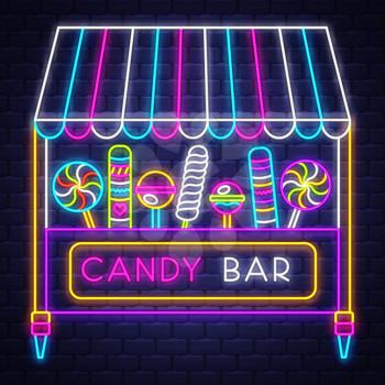 Candy bar - Neon Sign Vector. Candy bar - neon sign on brick wall background, design element, light banner, announcement neon signboard, night advensing. Vector Illustration.