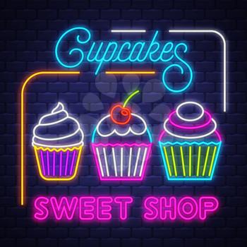 Cupcakes Shop- Neon Sign Vector. Cupcakes Shop - neon sign on brick wall background, design element, light banner, announcement neon signboard, night advensing. Vector Illustration.