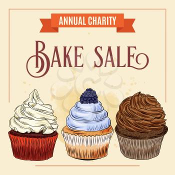 Charity Bake Sale banner template with cupcake design. Sales ad template for the web site, social media, shop, flyer and more.