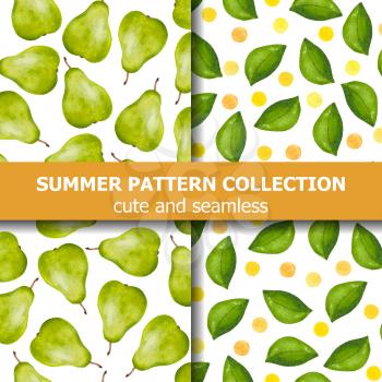 Delicious summer pattern collection with watercolor pears and dots. Summer banner. Vector