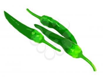 Three green chili peppers. Vector
