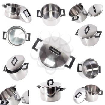 Collection (set) of saucepans, made of stainless steel,cover, on white, Isolated