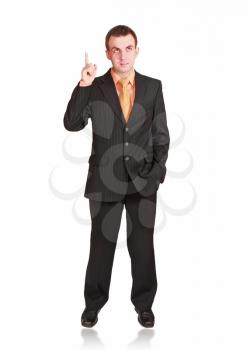 Cheerful businessman show I have IDEA!. Isolated over white