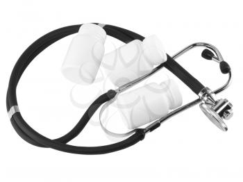 Stethoscope with medicine blank bottles on white background . Close-Up. Isolated.