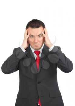 Businessman hold a head in horror condition. Isolated over white
