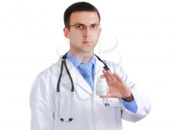 Friendly medical doctor with blank pill's bottle. Close-Up. Isolated over white background.
