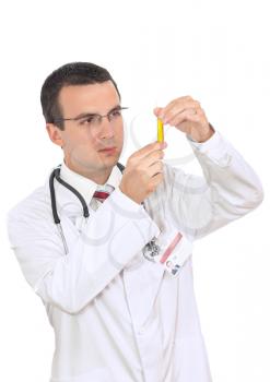 Doctor  resarch a medical test glass with urine. Isolated over white