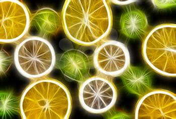 Background texture-fruit mix: lemon, orange, kiwi on black background.