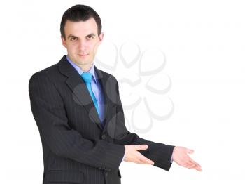 Cheerful  businessman show on background. Isolated over white