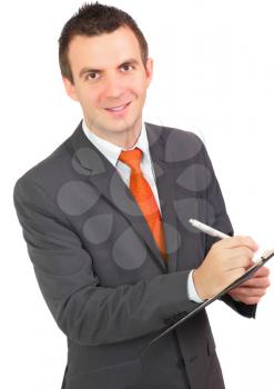 Cheerful  businessman with organizer and pen. Isolated  over white
